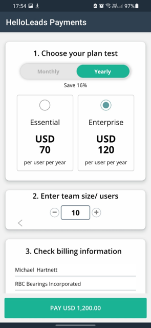 Select Plan and choose number of users on Android