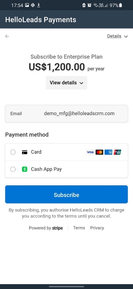Stripe Checkout on Android - Card or Cash App Pay