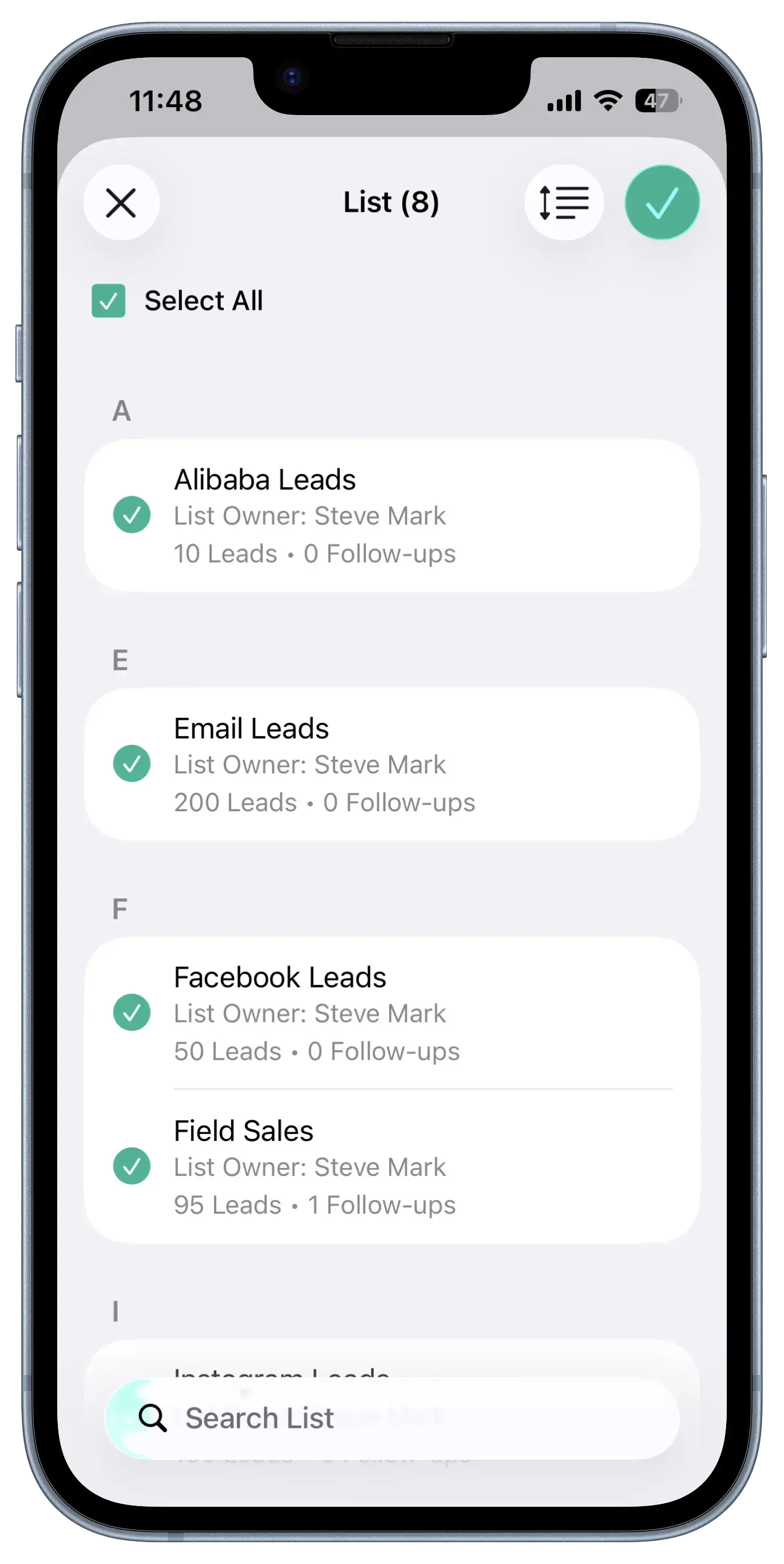Leads Screen View 2