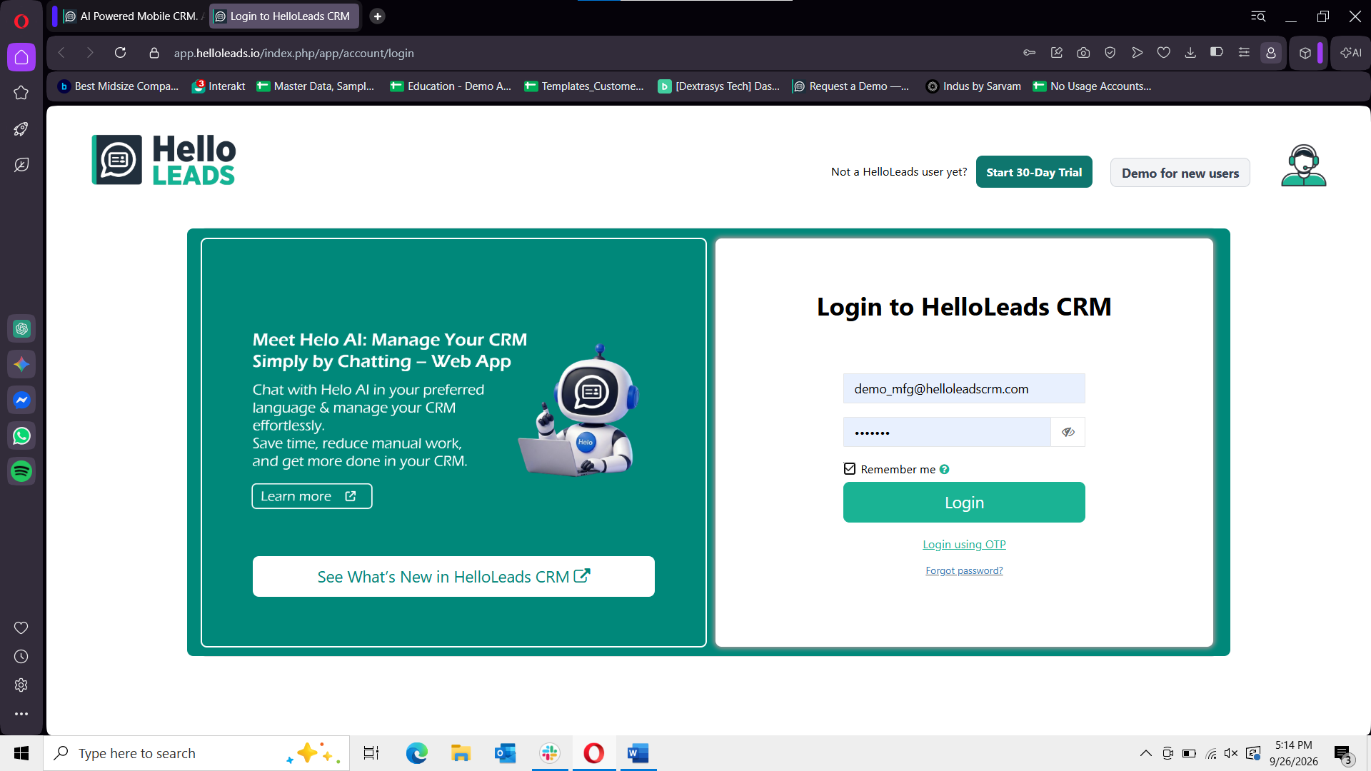 HelloLeads CRM Web App Login Page