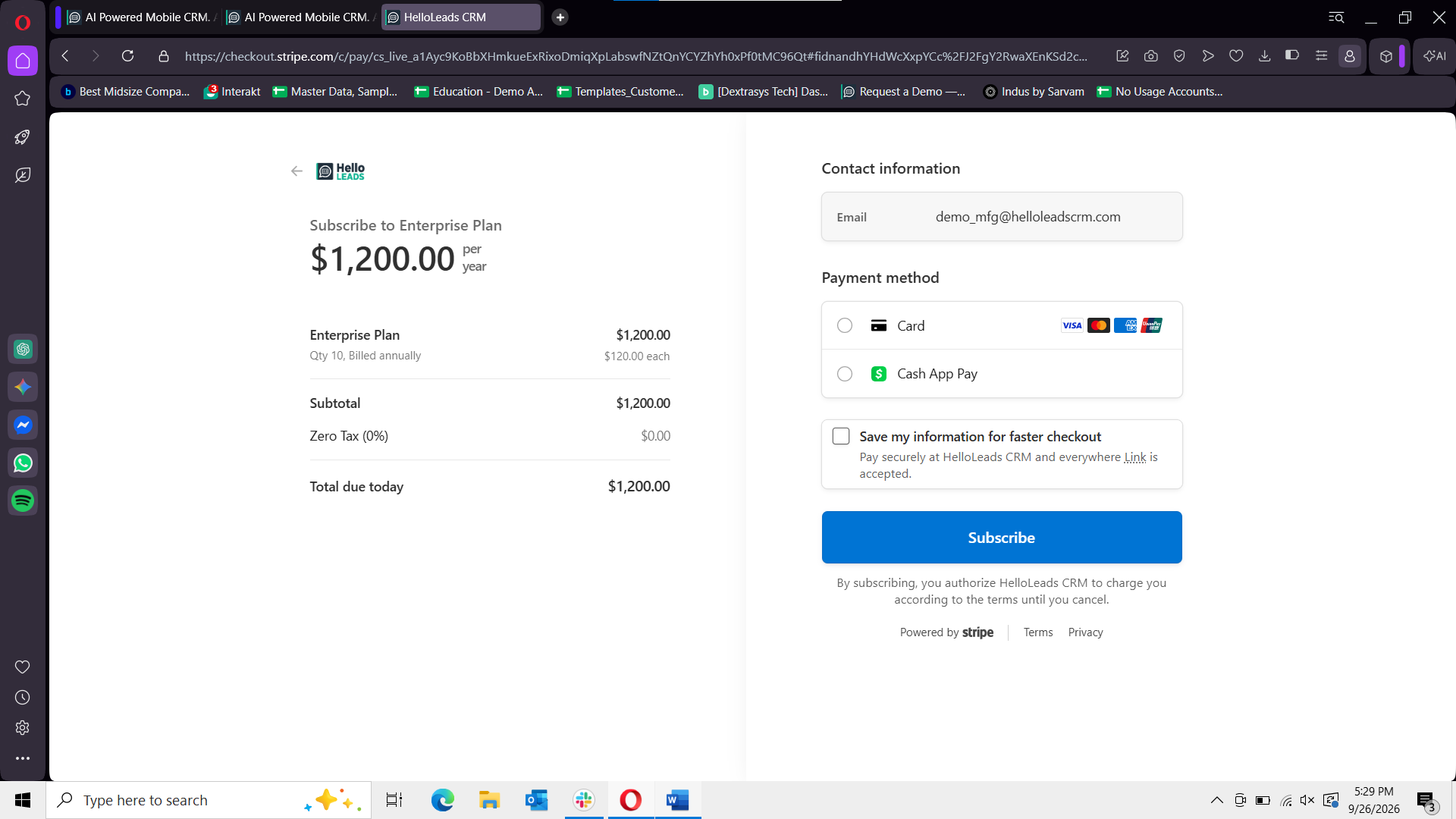 Stripe Checkout - Payment Method Selection and Subscribe Button