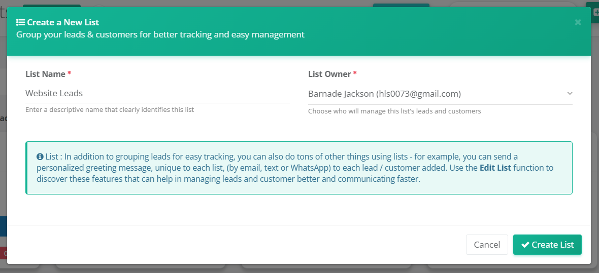 Create List in HelloLeads CRM