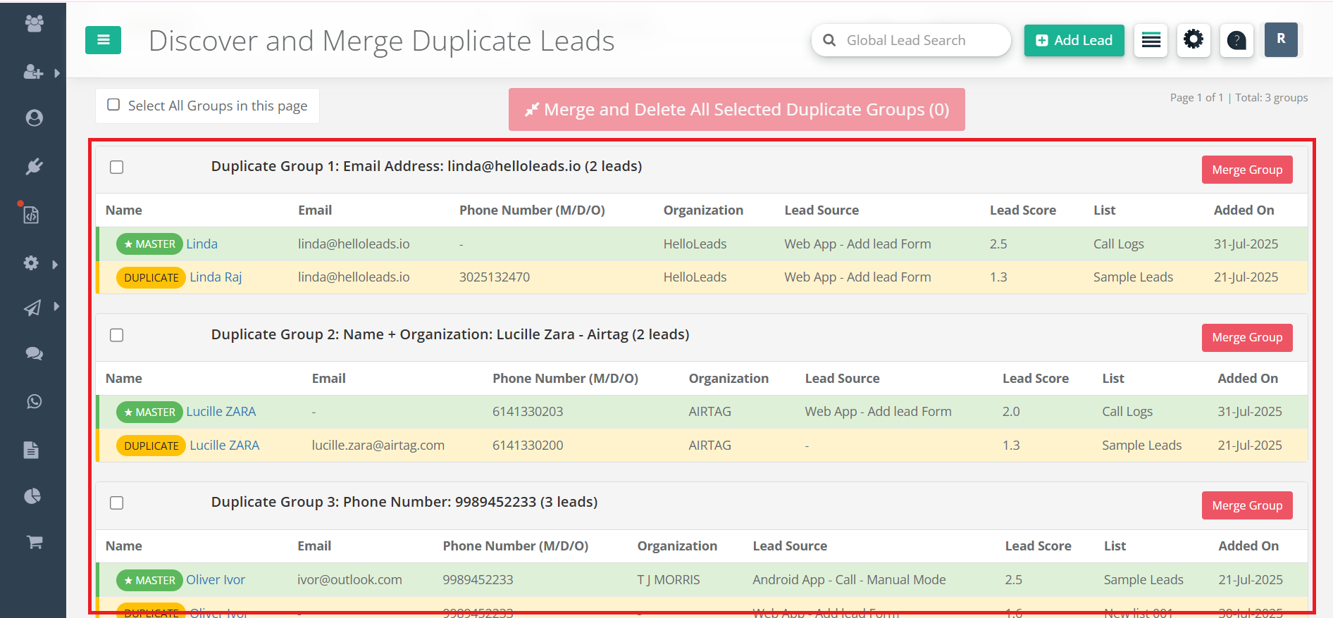 Review duplicate lead