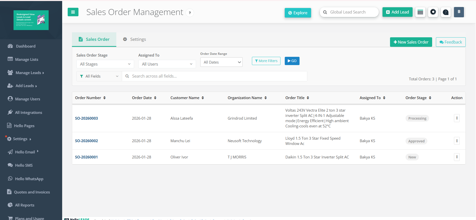 Sales Order List View